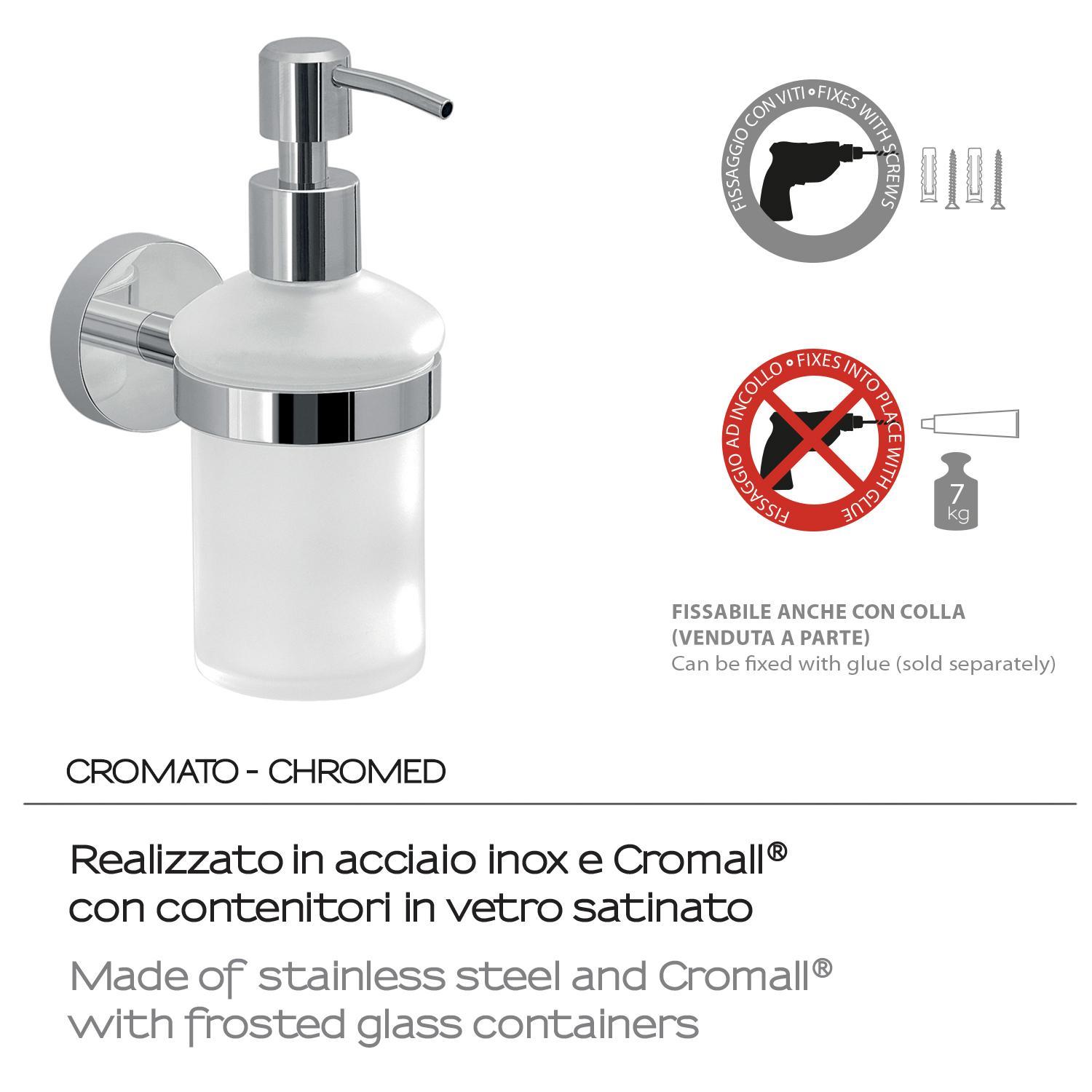 Fissaggio dispenser sapone muro acciaio vetro satinato GEDY Dettaglio fissaggio dispenser sapone cromato vetro satinato bagno GEDY