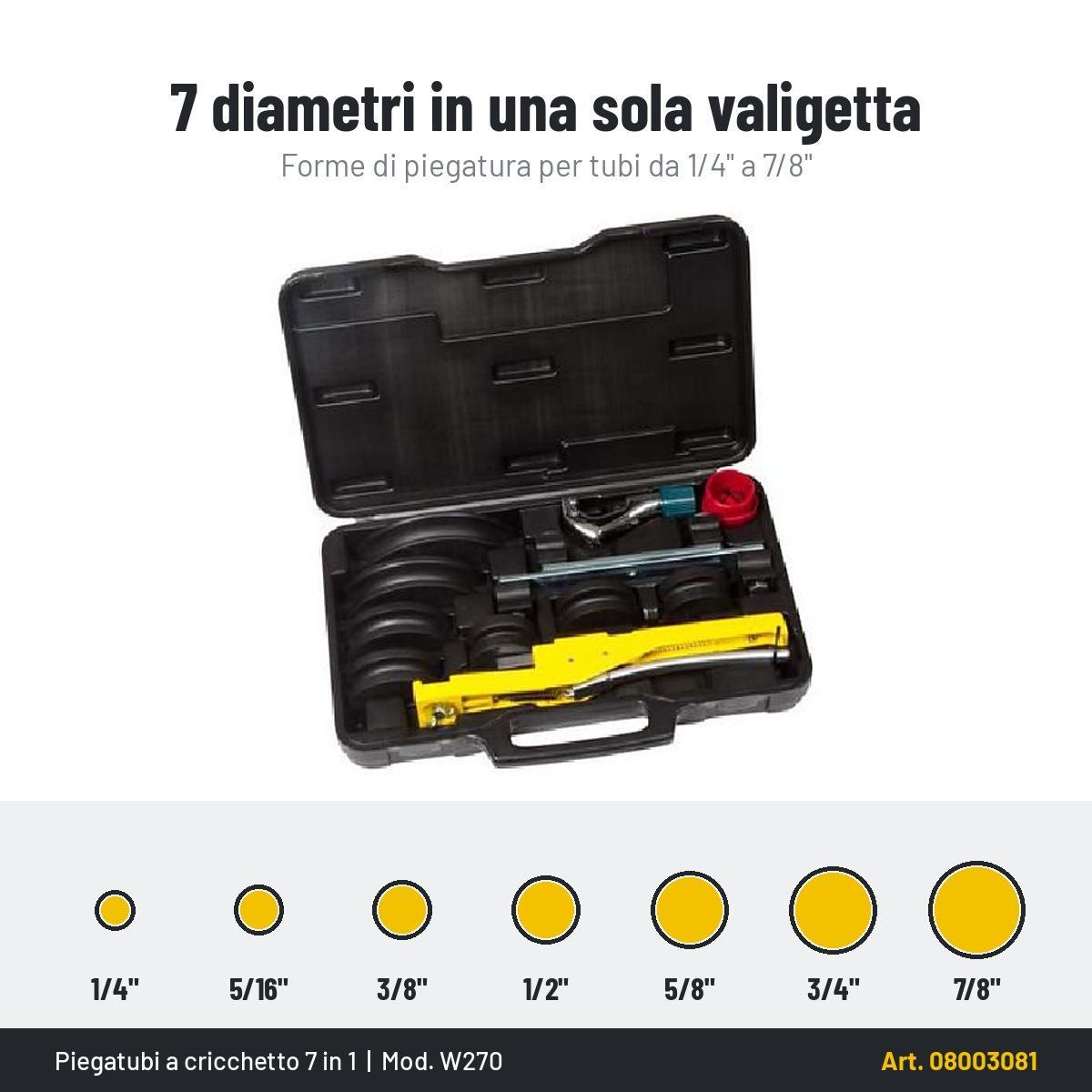 piegatubi a cricchetto multiplo 7 in 1 Wigam in valigetta con accessori per tubi rame e alluminio