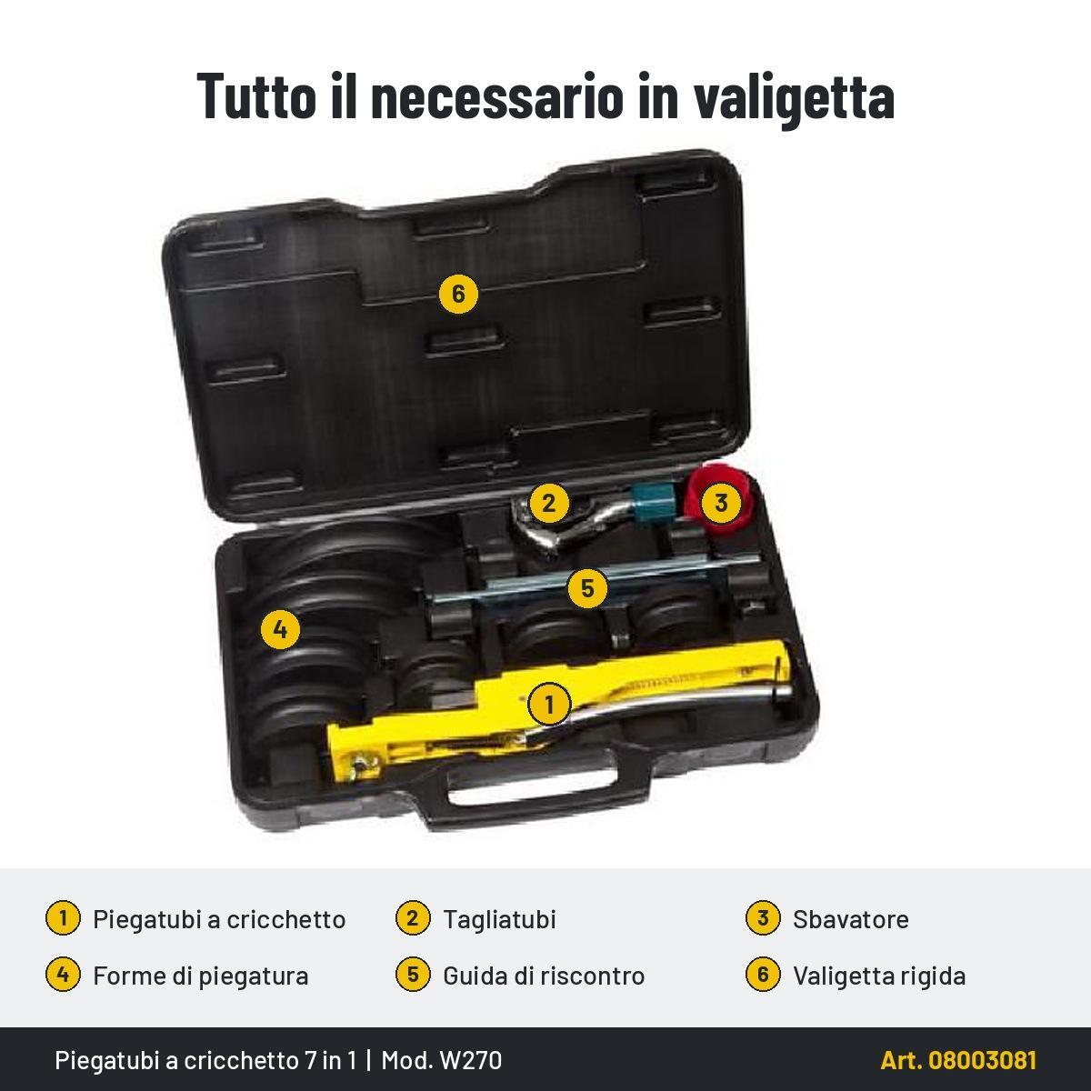 piegatubi a cricchetto multiplo 7 in 1 Wigam in valigetta con accessori per tubi rame e alluminio