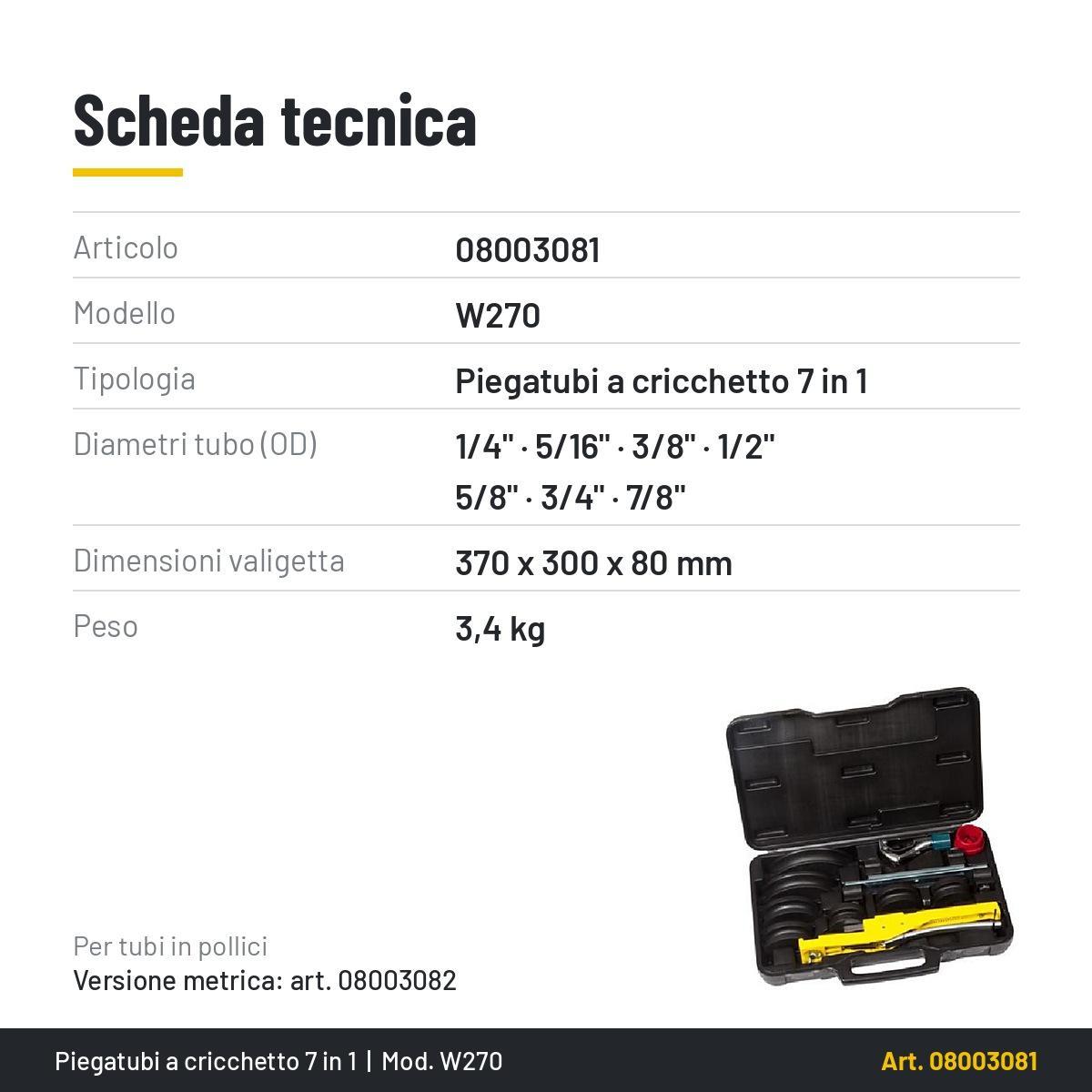piegatubi a cricchetto multiplo 7 in 1 Wigam in valigetta con accessori per tubi rame e alluminio