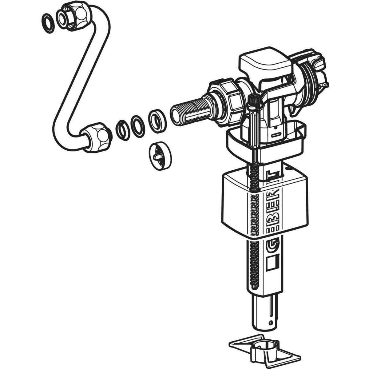 Disegno tecnico rubinetto galleggiante Geberit con tubo e raccordi Vista esplosa rubinetto a galleggiante Geberit con tubo e raccordi per cassette incasso
