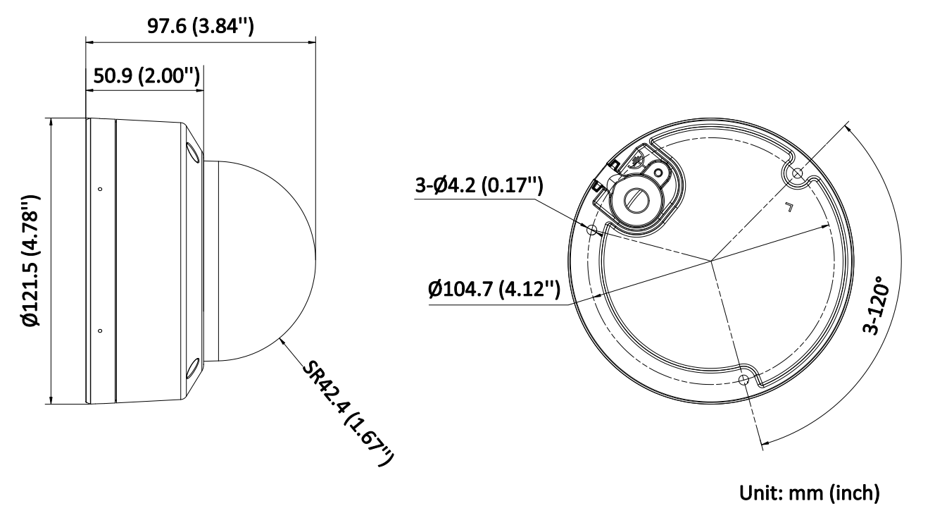 dimensioni tek camera Hikvision dome IP 8MP disegno tecnico scheda tecnica dimensioni telecamera dome IP Hikvision 8MP per installazione videosorveglianza