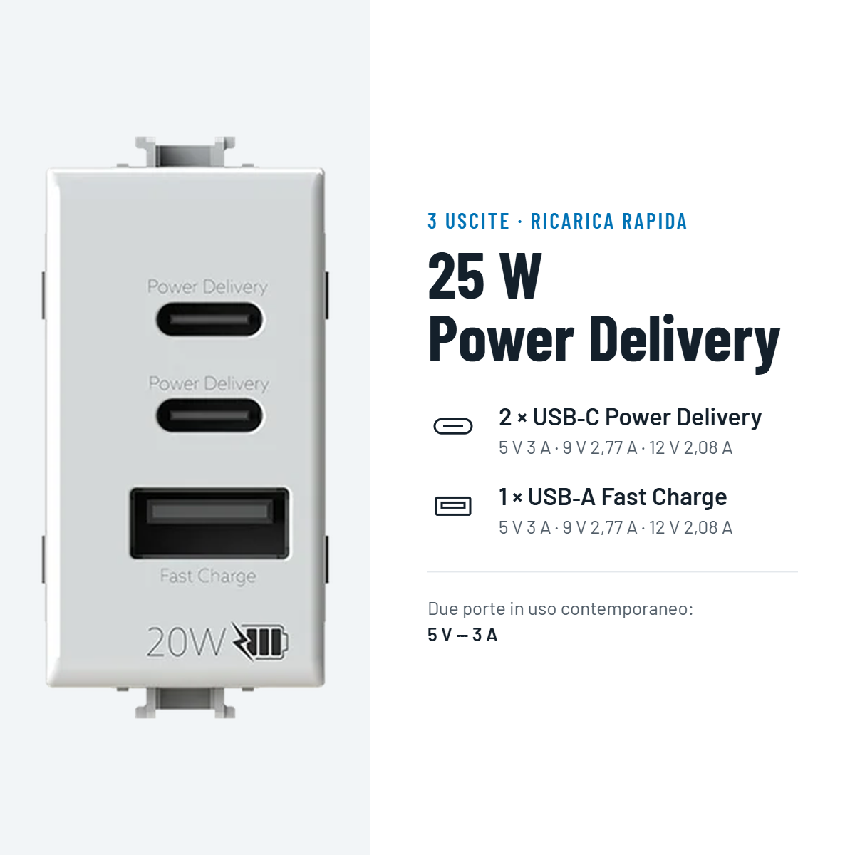 Modulo caricatore USB con 3 porte per BTCINO Matix installazione a parete