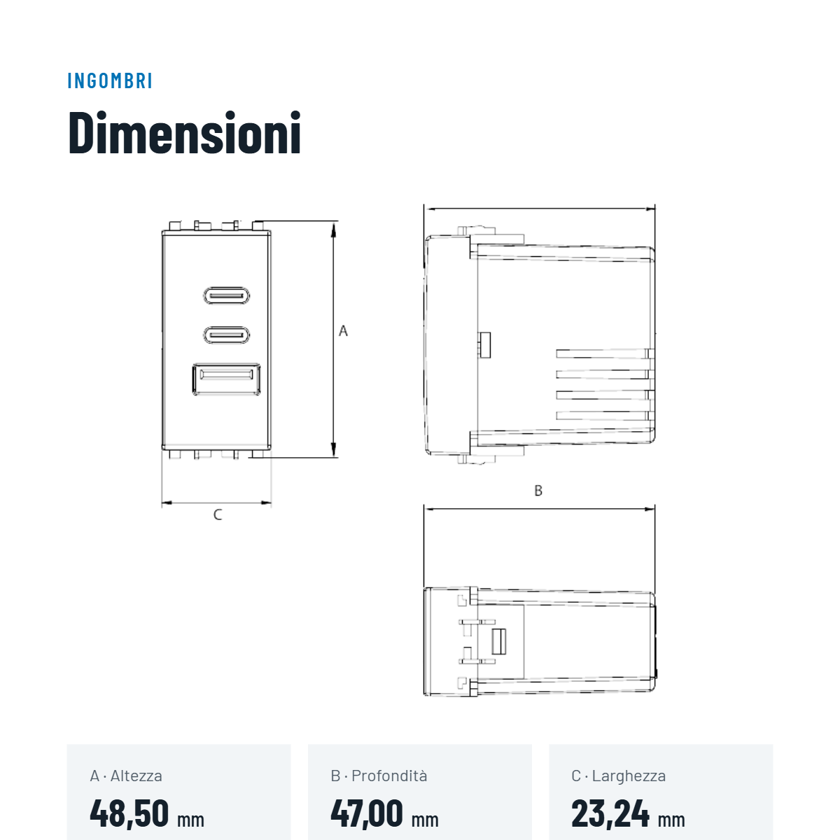 Dettaglio dimensioni caricatore USB tripla porta Power Delivery incasso