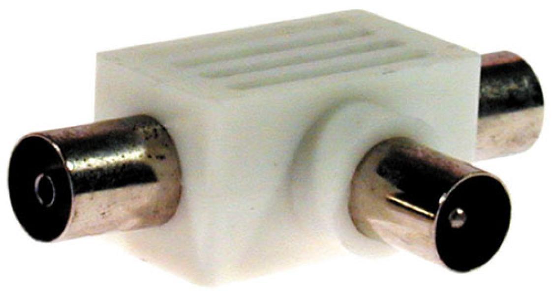 Sdoppiatore antenna coassiale 9,5 mm MKC con corpo in plastica e ferro Sdoppiatore antenna coassiale 9,5 mm MKC spina e doppia presa per TV