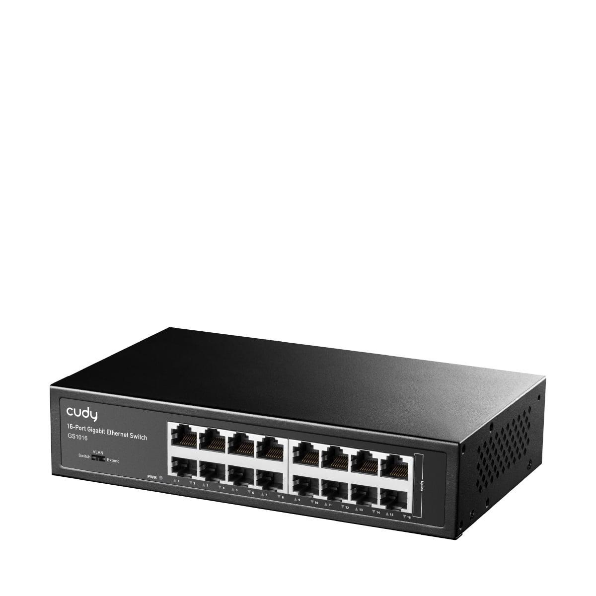 Switch Gigabit 16 porte in metallo Cudy vista laterale Vista angolare switch Ethernet Cudy 16 porte Gigabit chassis in metallo