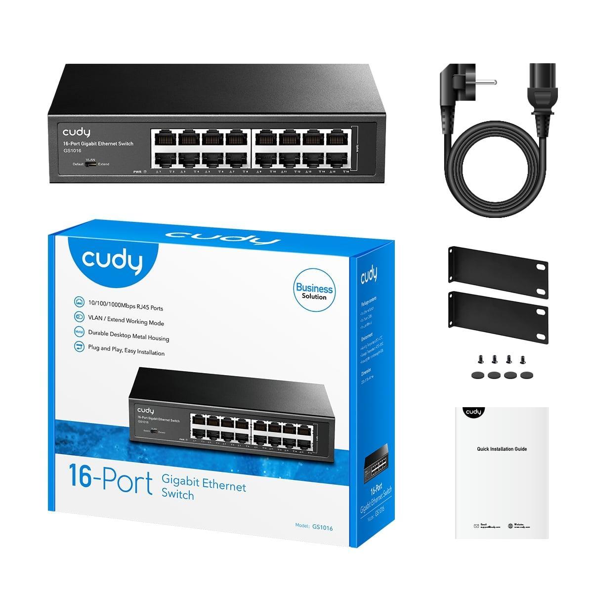 Set completo switch Ethernet 16 porte Cudy accessori e manuale Contenuto confezione switch Ethernet Cudy 16 porte accessori alimentazione