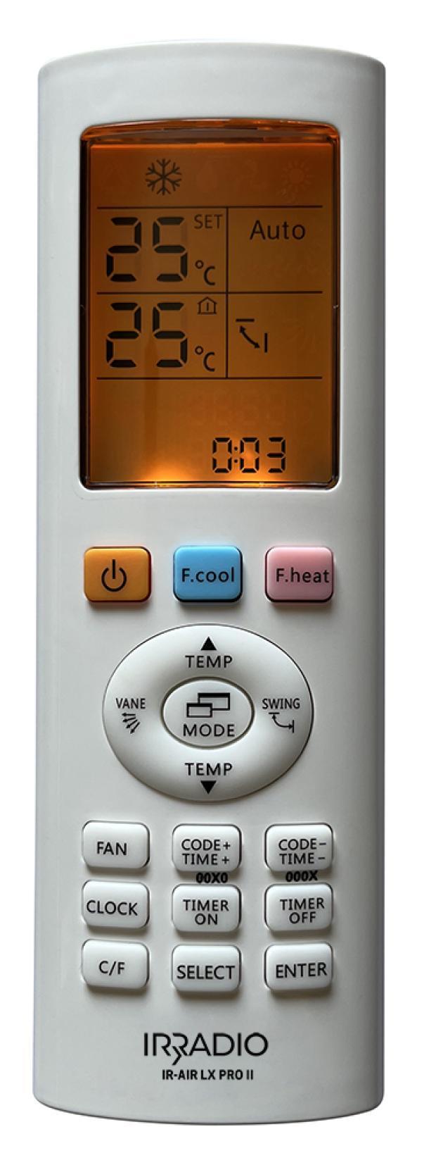 Telecomando universale IRRADIO LX PRO II per condizionatori compatibile multibrand Telecomando universale per aria condizionata IRRADIO modello LX PRO II con display retroilluminato e pulsanti funzione