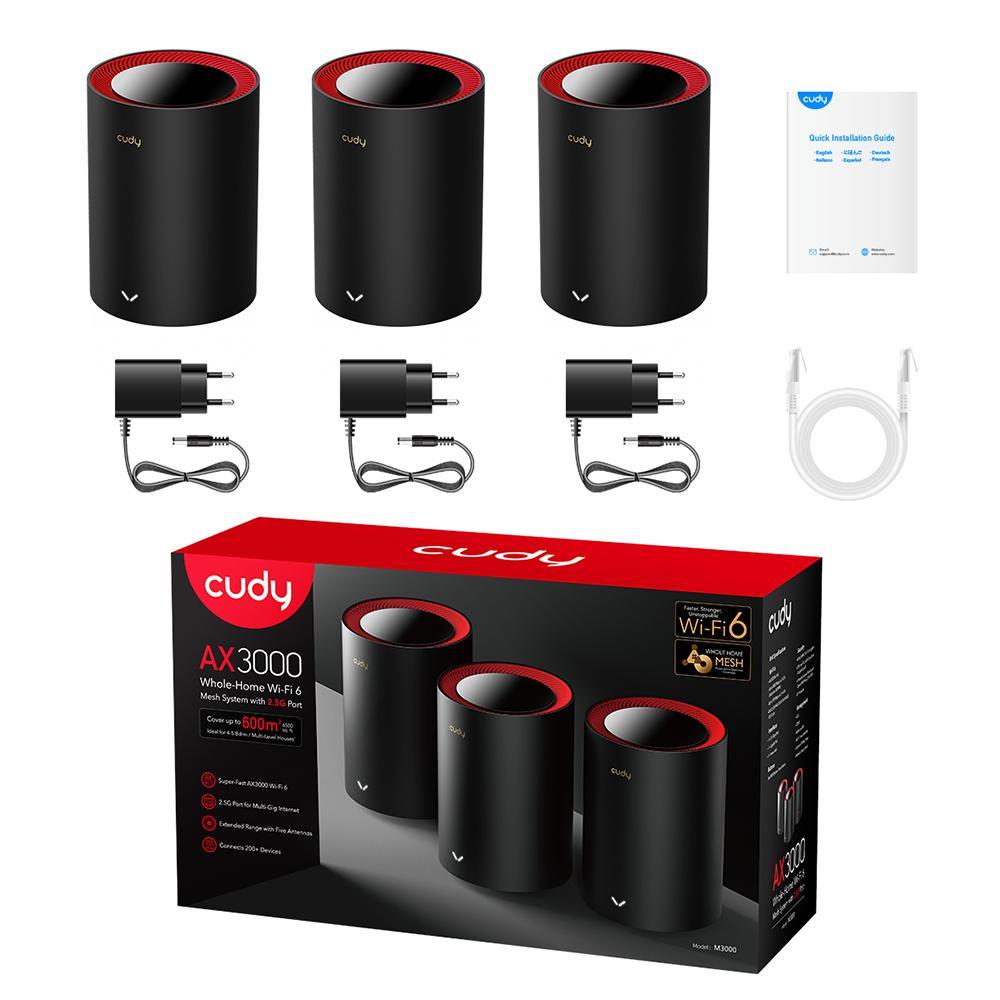 dispositivi sistema mesh wifi ax3000 cudy set da tre dettaglio sistema mesh wifi ax3000 cudy vista frontale tre dispositivi
