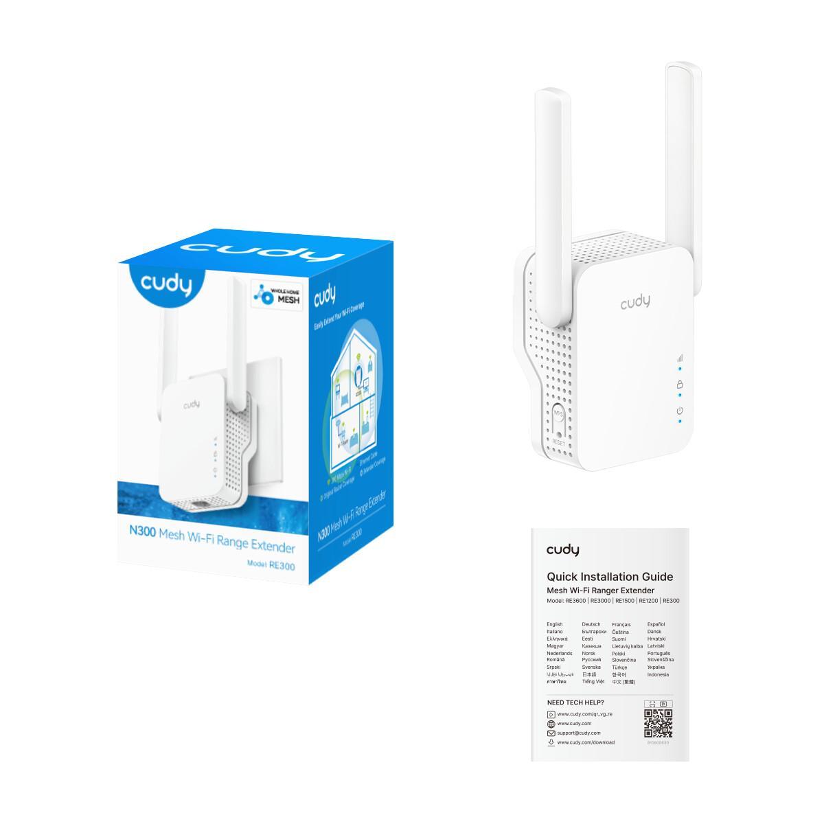 Cudy Mesh N300 estensore wifi con antenne esterne in evidenza Ripetitore WiFi Mesh N300 Cudy con doppia antenna esterna su sfondo bianco