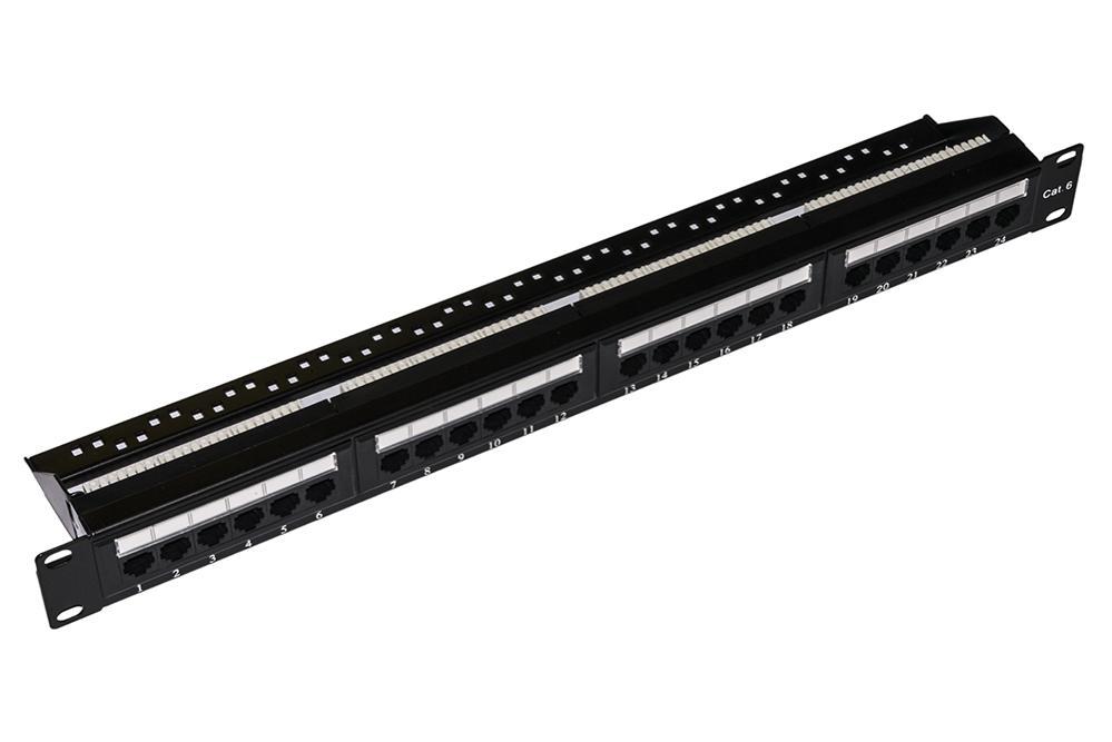Pannello patch 24 porte RJ45 Cat6 MKC nero vista frontale Pannello patch 24 porte RJ45 Cat6 nero per armadio rack 19 pollici