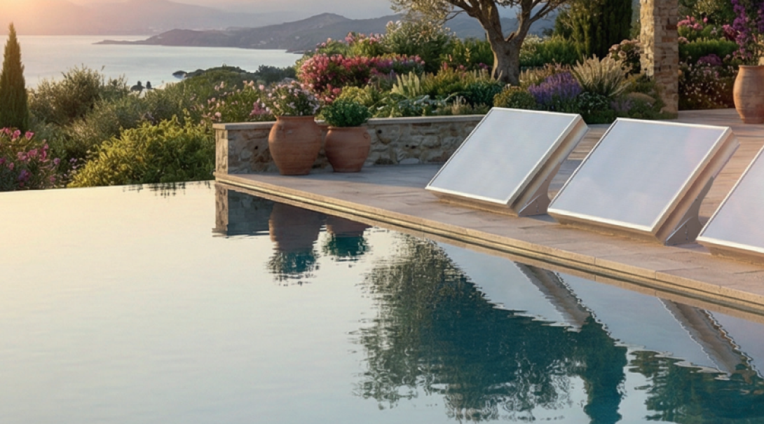 pannello solare termico compatto Cordivari installato esterno vicino piscina installazione sistema solare termico Cordivari Novastratos PW bordo piscina su terrazza panoramica