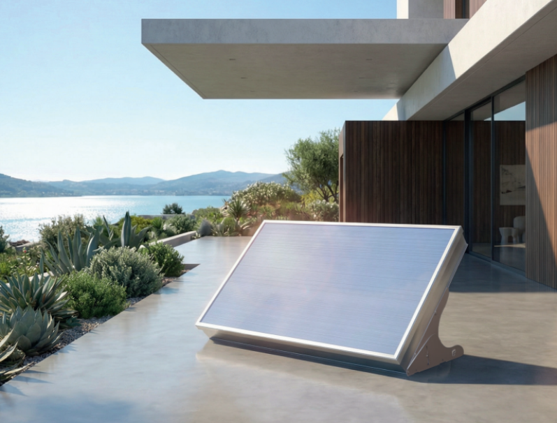 installazione multipla pannelli solari termici Cordivari Novastratos PW pannelli solari termici Cordivari Novastratos PW su superfici piane zona residenziale con vista lago
