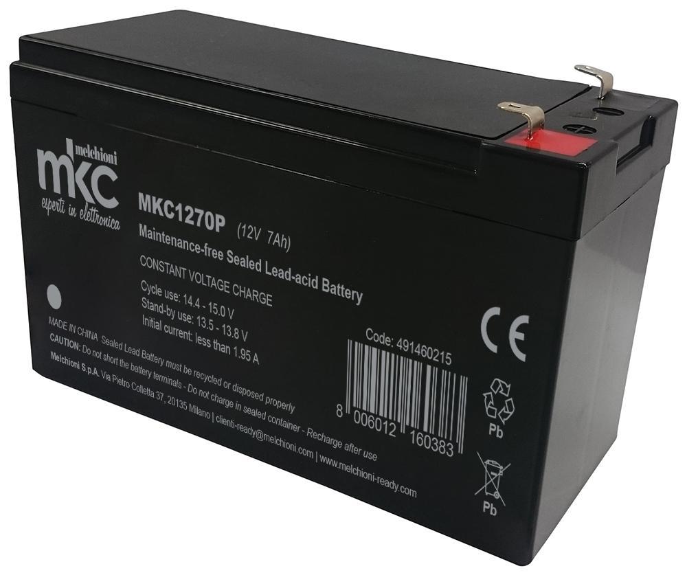 batteria al piombo ricaricabile 12 volt 7ah mkc terminali faston lato frontale batteria al piombo ricaricabile 12v 7ah mkc terminali faston 4.8mm vista frontale