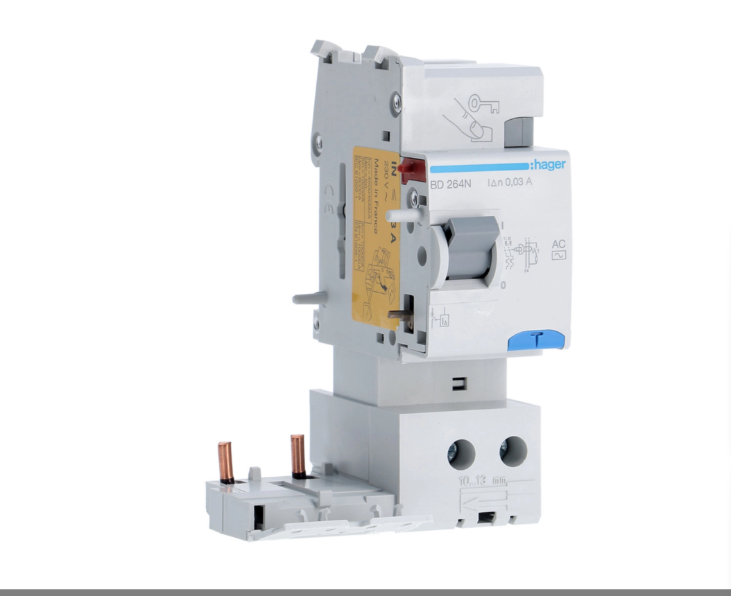 dettaglio interruttore differenziale 2 poli 30mA 63A AC Hager BD264N immagine prodotto vista interruttore differenziale 2 poli 30mA 63A AC Hager BD264N montaggio frontale dettaglio terminali