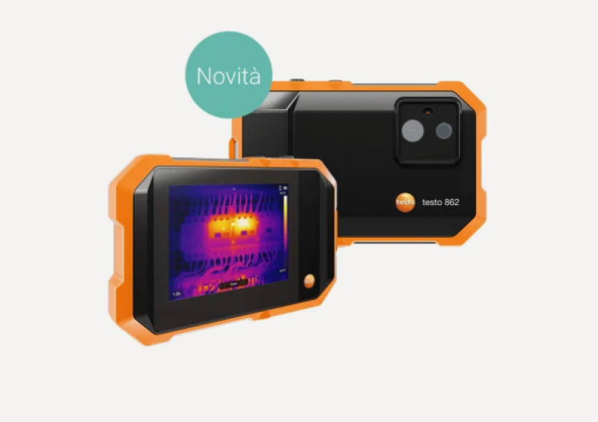 Dettaglio termocamera termica TESTO 862 per diagnostica veloce Termocamera tascabile professionale TESTO 862 vista frontale e posteriore con display immagini termiche