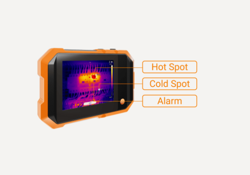 Visualizzazione punti caldi e freddi allarme termico con TESTO 862 Display termocamera TESTO 862 con funzioni hot spot cold spot e allarme visivo