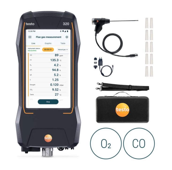 Analizzatore di combustione Testo 320 kit con sonda, borsa e accessori per analisi fumi professionale