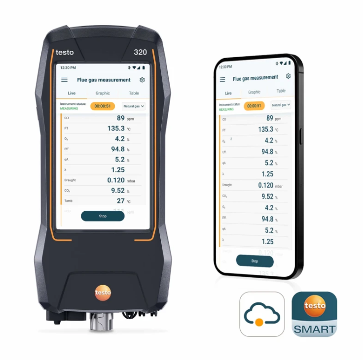 Strumento analisi combustione Testo 320 con display touchscreen e app mobile per controllo remoto