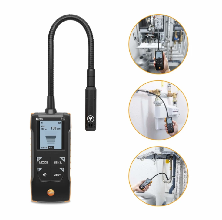 Cercafughe gas Testo in uso su impianto tecnico e caldaia Tecnico utilizza cercafughe gas Testo con sonda flessibile per controllo caldaia domestica ambienti industriali
