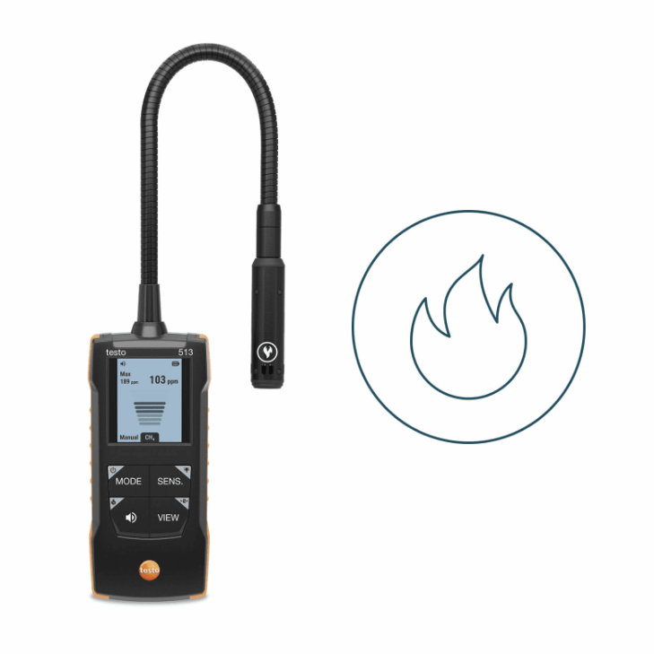 Dettaglio display cercafughe gas Testo flessibile professionale Cercafughe gas Testo 513 vista frontale dettaglio display multifunzione e sonda flessibile professionale