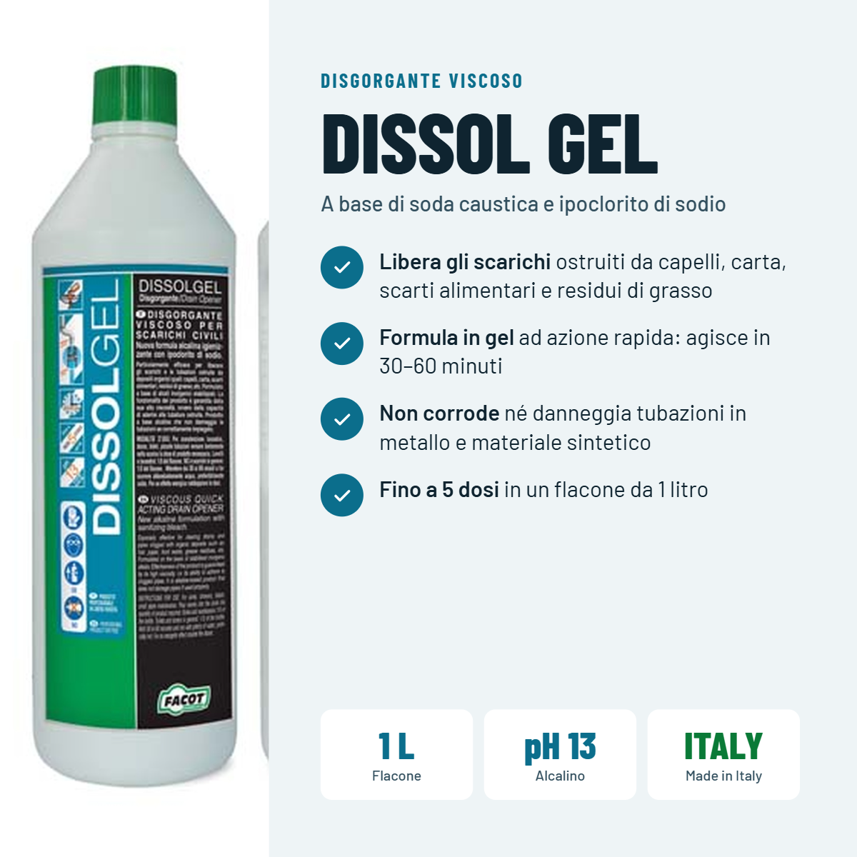 Disgorgante gel Facot Chemicals flacone 1 litro per pulizia scarichi e WC Disgorgante gel professionale Facot Chemicals per tubazioni scarichi otturati flacone 1 litro