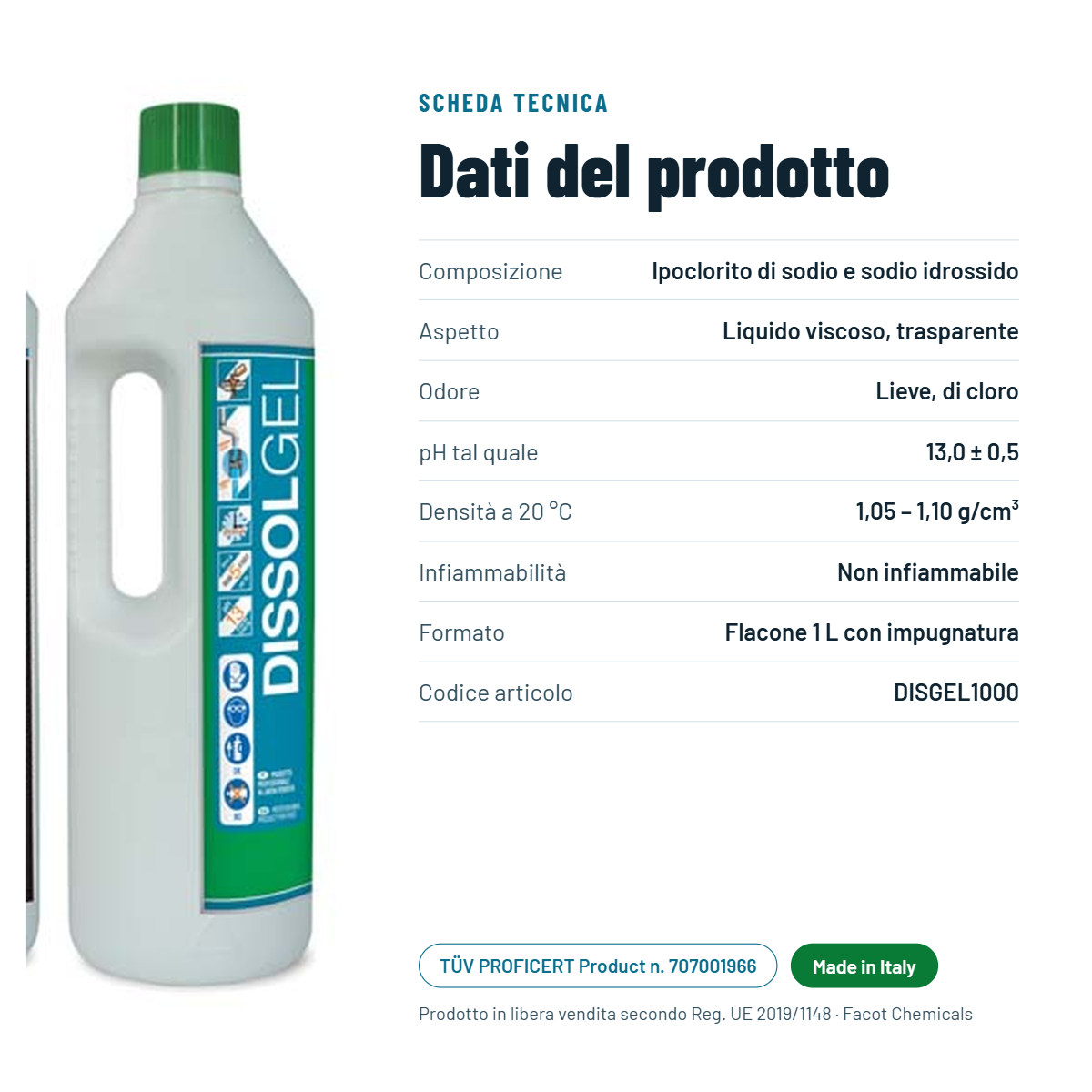 Disgorgante gel Facot Chemicals flacone 1 litro per pulizia scarichi e WC Disgorgante gel professionale Facot Chemicals per tubazioni scarichi otturati flacone 1 litro
