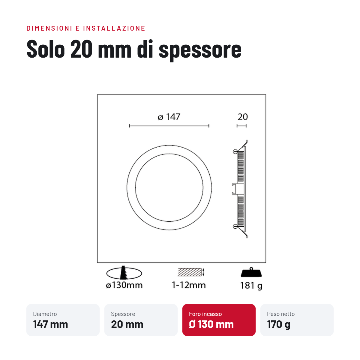 Dati tecnici pannello LED tondo 9W 147 mm Century Italia per installazione incasso scheda tecnica pannello led tondo 9w diametro 147 mm foro 130 mm century italia