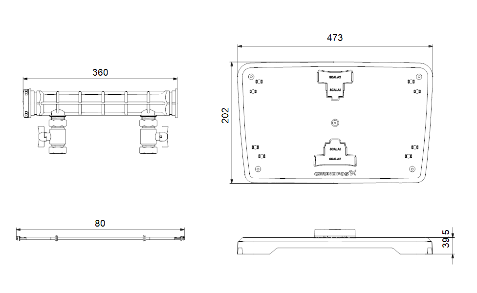 disegno schematico kit accessori doppia grundfos scala1 con dimensioni disegno tecnico kit installazione doppia scala1 grundfos con misure dettagliate