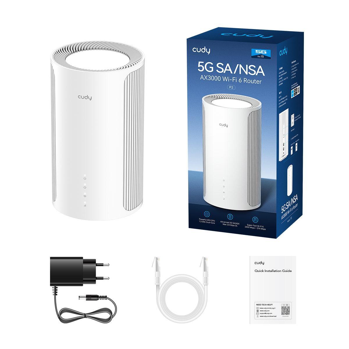 Router 5G Wi-Fi 6 AX3000 Cudy vista frontale con confezione e accessori inclusi