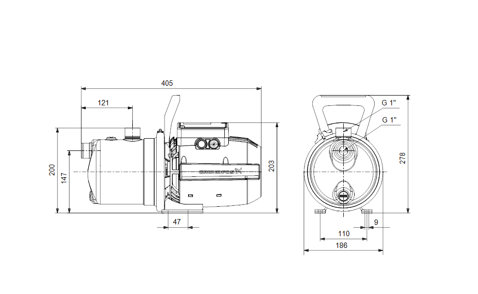 disegno tecnico elettropompa autoadescante Grundfos misure installazione dimensioni elettropompa autoadescante Grundfos schema tecnico installazione