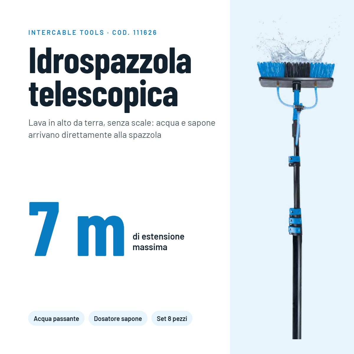 Vista dettagliata idrospazzola telescopica Intercable con getto acqua e spazzole intercambiabili