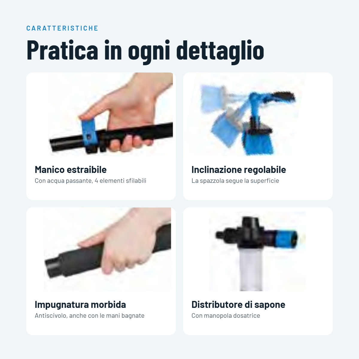 Dettagli tecnici idrospazzola telescopica Intercable 7 metri Caratteristiche tecniche idrospazzola telescopica Intercable: manico estraibile, inclinazione regolabile