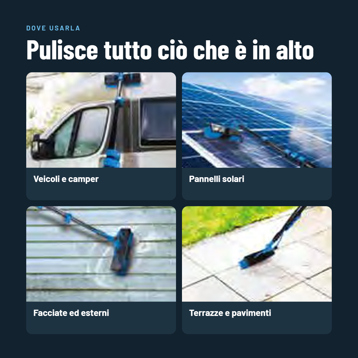 Applicazioni idrospazzola telescopica Intercable superfici alte Idrospazzola telescopica in uso per pulizia veicoli, pannelli solari e facciate