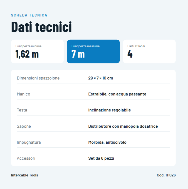 Scheda tecnica dettagliata idrospazzola telescopica Intercable 7 metri