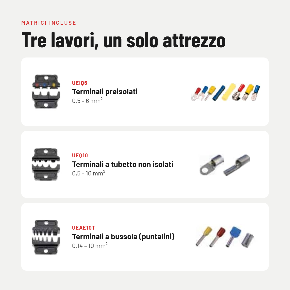 Matrici crimpatura per terminali preisolati tubetto e bussola Set matrici intercambiabili Intercable Tools per tre tipi di terminali