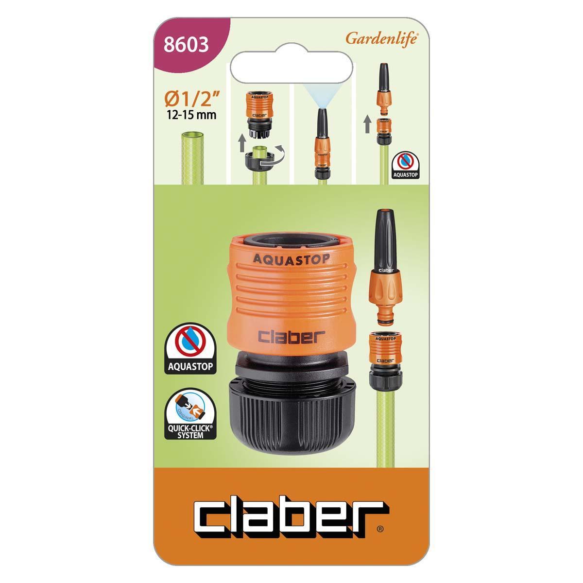 Confezione e utilizzo raccordo rapido Aquastop Claber tubo 1/2 pollice Confezione raccordo rapido Claber Aquastop e istruzioni di montaggio per tubo 1/2 pollice