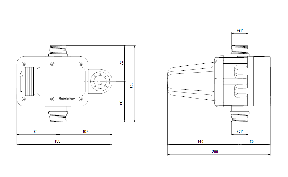 Disegno tecnico presscontrol elettronico Grundfos attacchi G1 disegno tecnico presscontrol elettronico Grundfos attacchi G1 dimensioni e specifiche tecniche per impianti idraulici