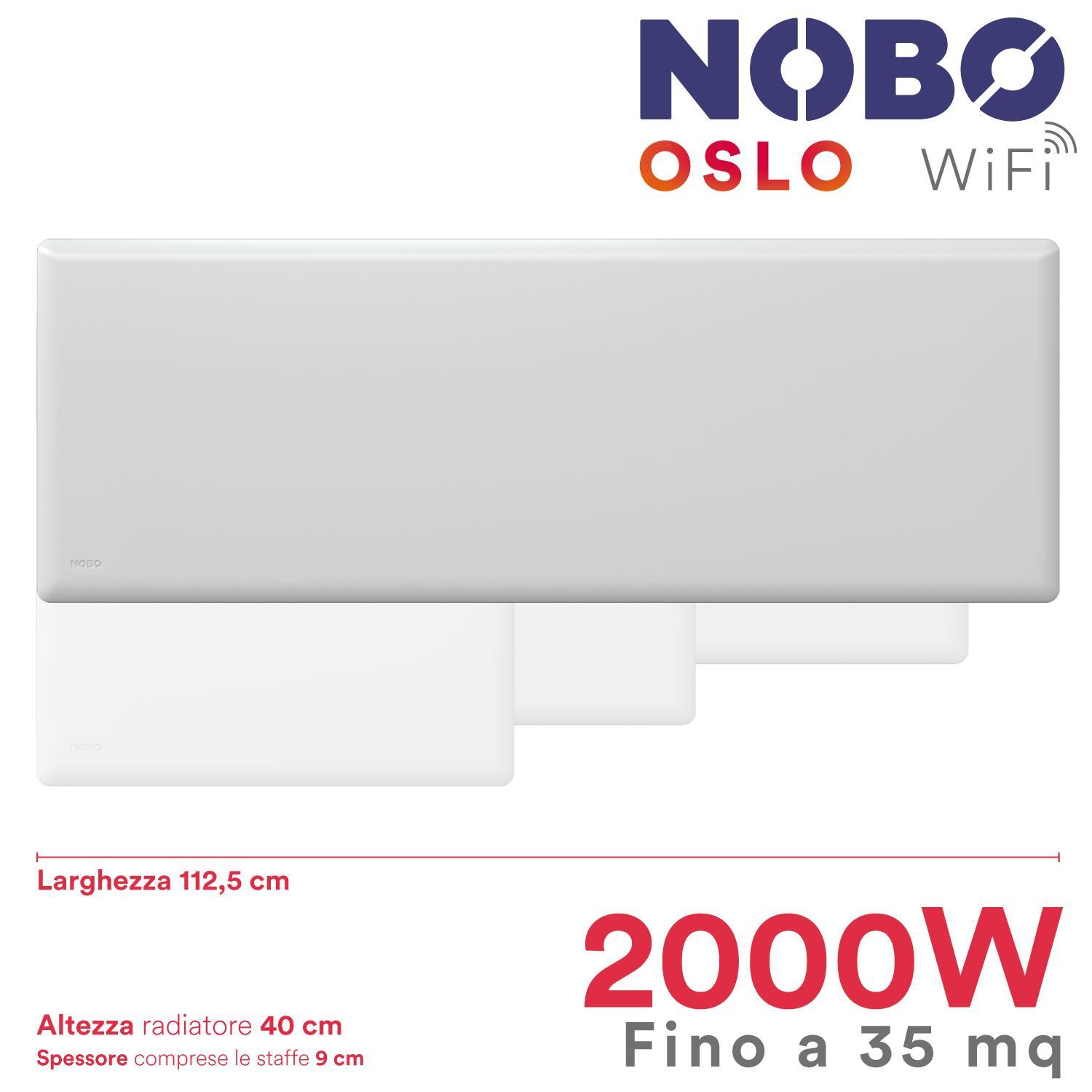 dimensioni radiatore elettrico WiFi NOBO Oslo 2000W dettaglio dimensioni radiatore elettrico NOBO Oslo 2000W larghezza 113 cm altezza 40 cm spessore 9 cm